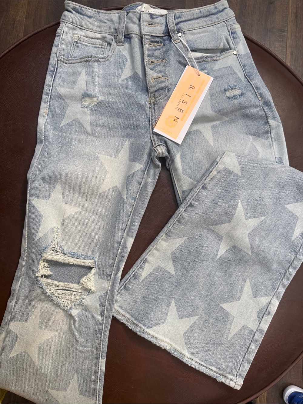 Risen Star Print Light Blue Wide Leg Jeans - Women